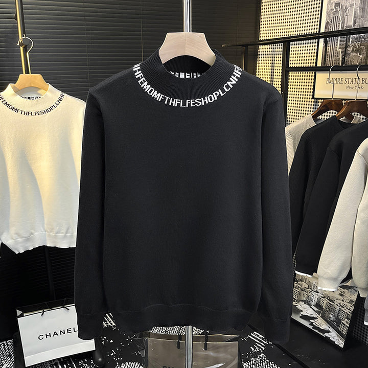 Unisex Feinstrickpullover mit kurzem Stehkragen und kontrastierendem Schriftkragen Echoarchiv