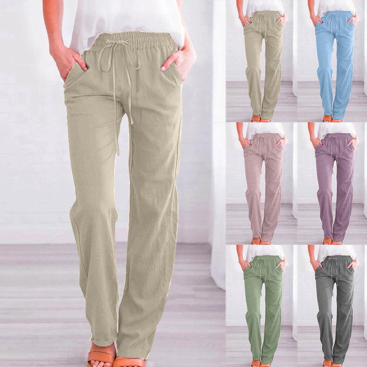 Damen Bequeme Leinen-Hose mit elastischem Bund und Taschen Echoarchiv