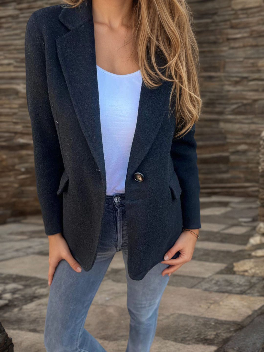 Damen taillierter Bouclé-Blazer mit fallendem Revers und Ein-Knopf-Detail – Valéne