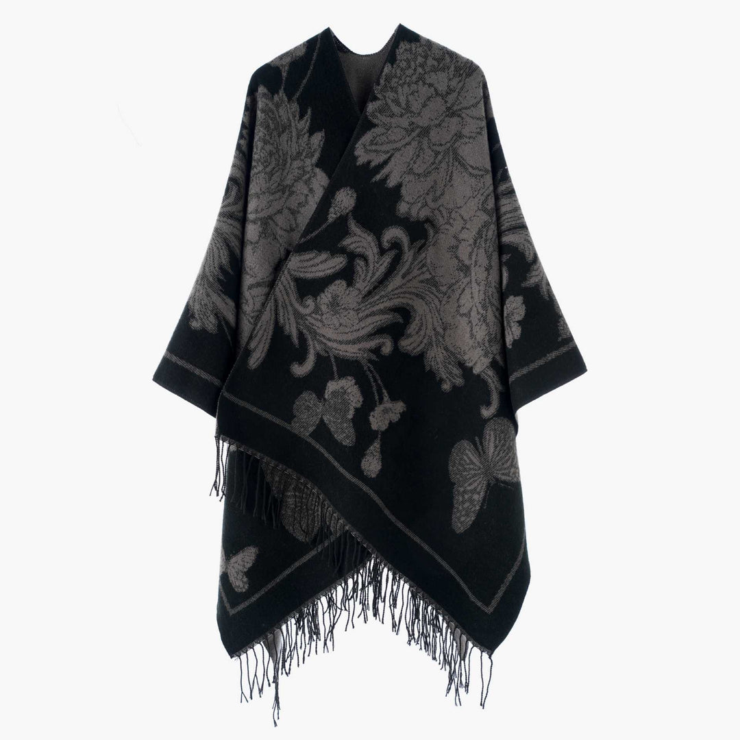 Damen Wendbarer Strickcape-Poncho mit Fransen und kontrastierenden Streifen – Avérine