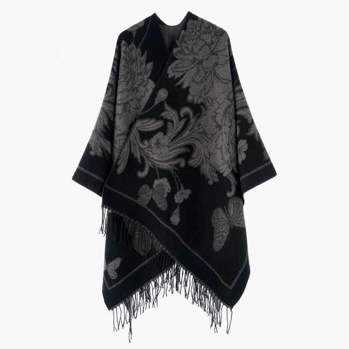 Damen Wendbarer Strickcape-Poncho mit Fransen und kontrastierenden Streifen – Avérine