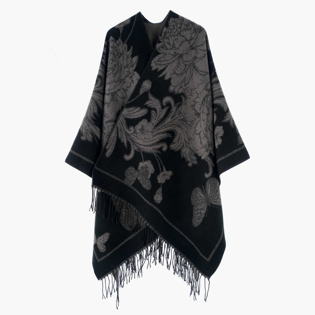 Damen Großer Wollmix Fransenponcho mit diagonalen Kontraststreifen – Célinea