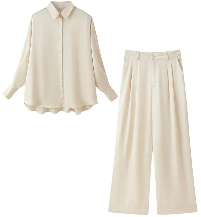 Damen Zweiteiliges seidig‑fließendes Lounge‑Set mit Oversize‑Hemd und hochtaillierter Hose mit weitem Bein Echo Archiv