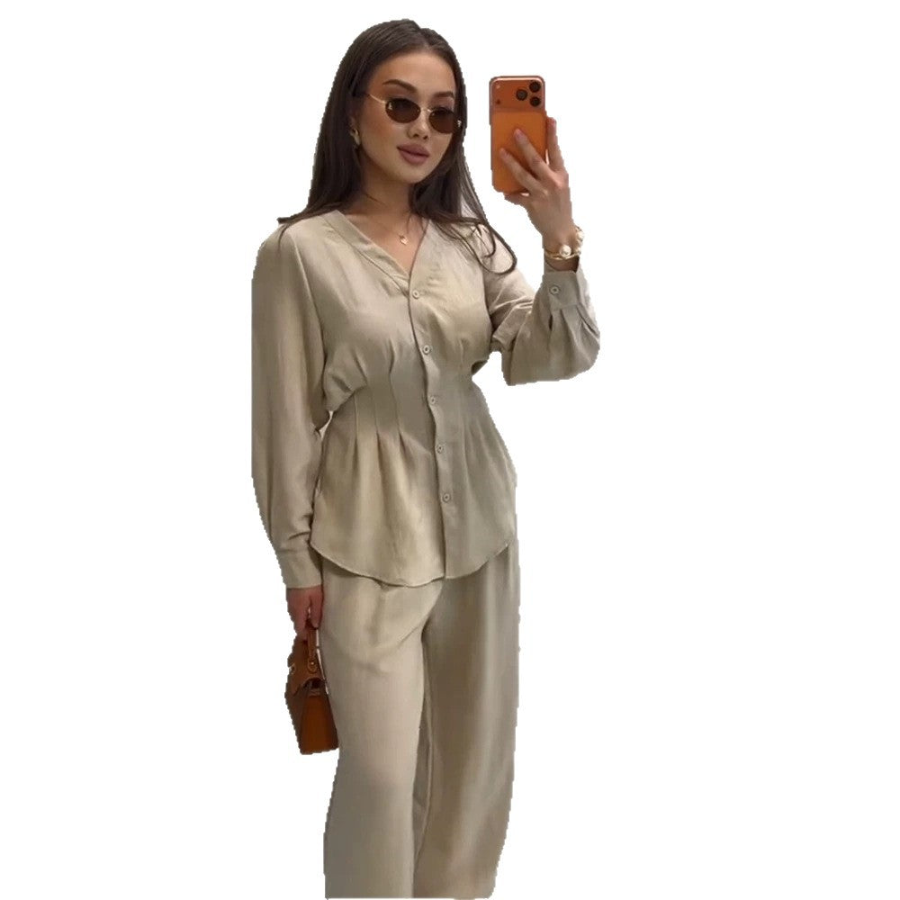 Damen V-Ausschnitt Blusen- und Culotte-Set mit Taillenfalten und weiten Beinen Echoarchiv