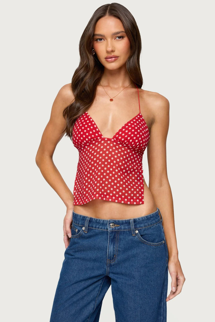 Damen Polka Dot Top mit zarten Trägern und figurbetontem Schnitt Echo Archiv