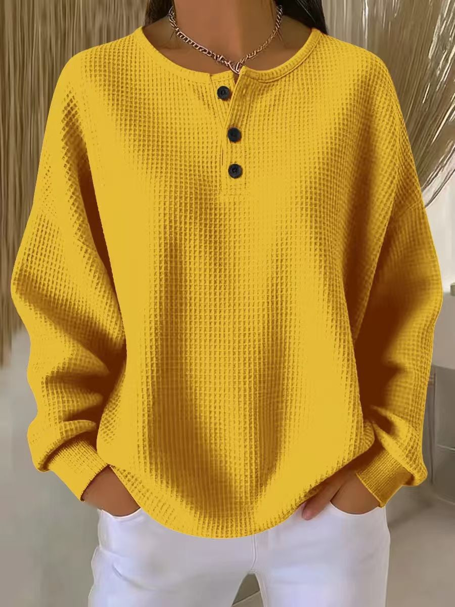 Damen nan Oversized Waffelstrick Henley-Pullover mit Knopfleiste und abgerundetem Saum Echo Archiv