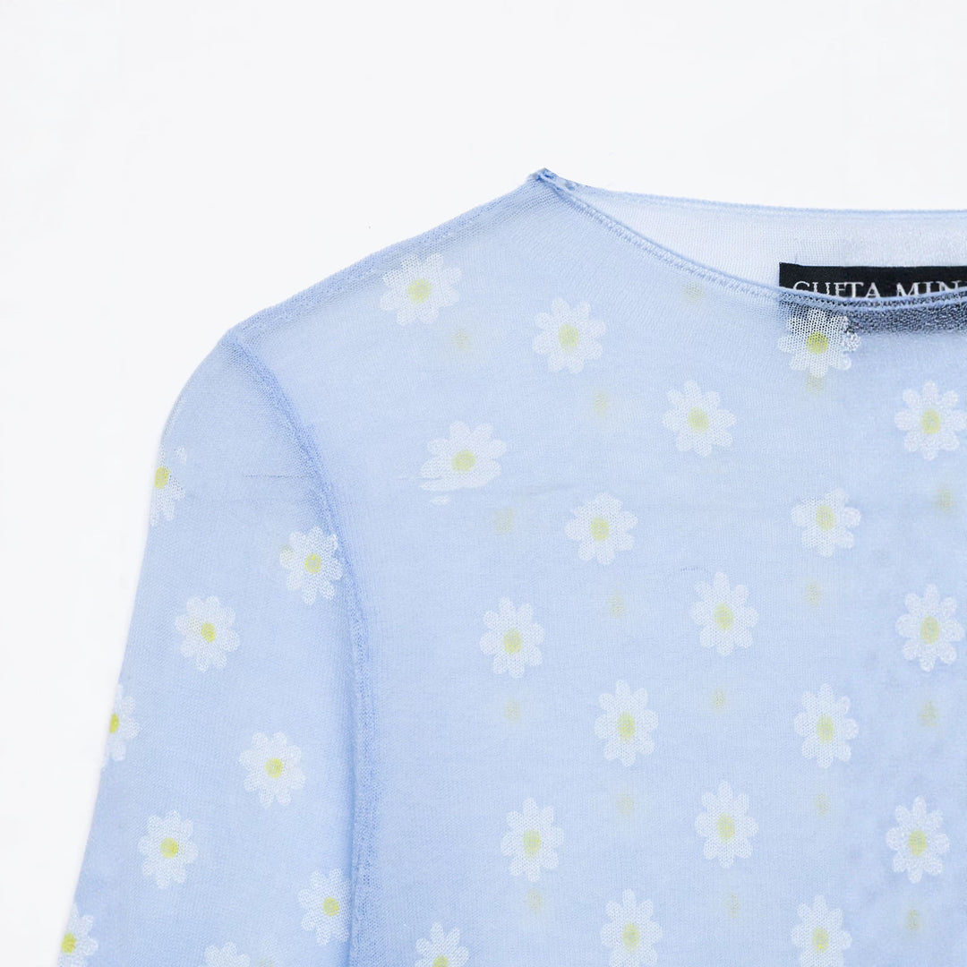 Damen Feines transparentes Mesh-Longsleeve mit Allover-Gänseblümchenprint und Rundhalsausschnitt Echoarchiv