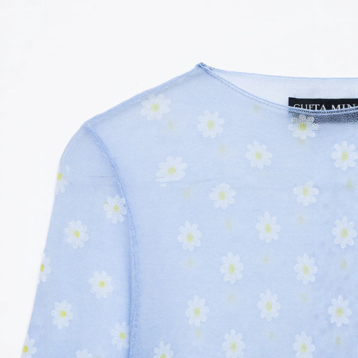 Damen Feines transparentes Mesh-Longsleeve mit Allover-Gänseblümchenprint und Rundhalsausschnitt Echoarchiv