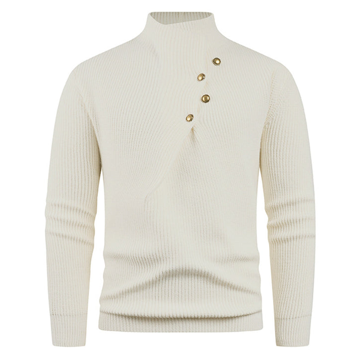 Herren Strickpullover mit asymmetrischem Kragen und dekorativen Holzknöpfen Echoarchiv