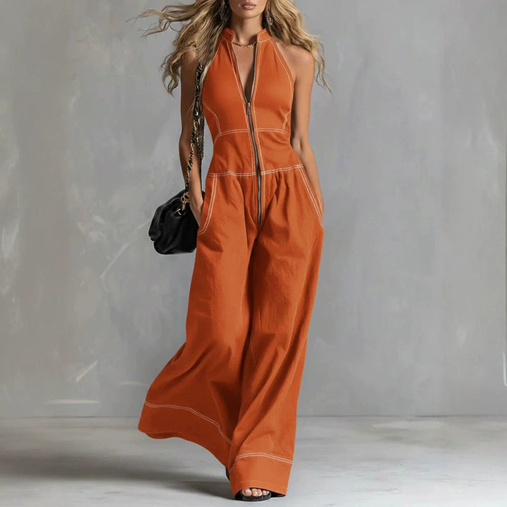 Damen Ärmelloser Halter-Jumpsuit mit Reißverschluss, weitem Bein und Eingrifftaschen Echoarchiv