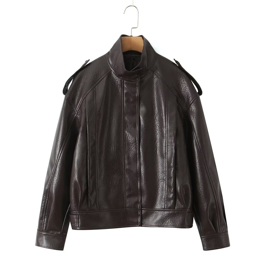 Damen Cropped Bomberjacke aus Kunstleder mit hohem Stehkragen und Schulterklappen Echoarchiv