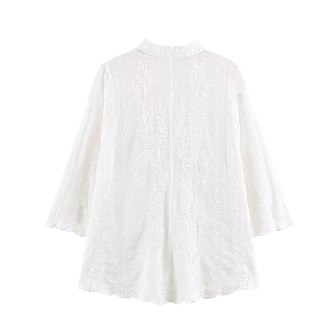 Damen Bestickte Baumwollbluse mit Lochstickerei und dreiviertelärmeln Echoarchiv
