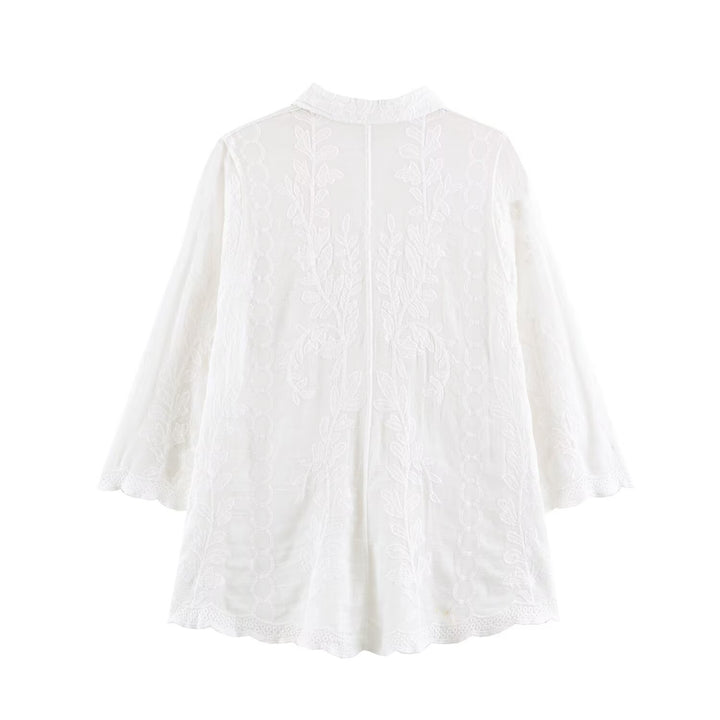 Damen Bestickte Baumwollbluse mit Lochstickerei und dreiviertelärmeln Echoarchiv