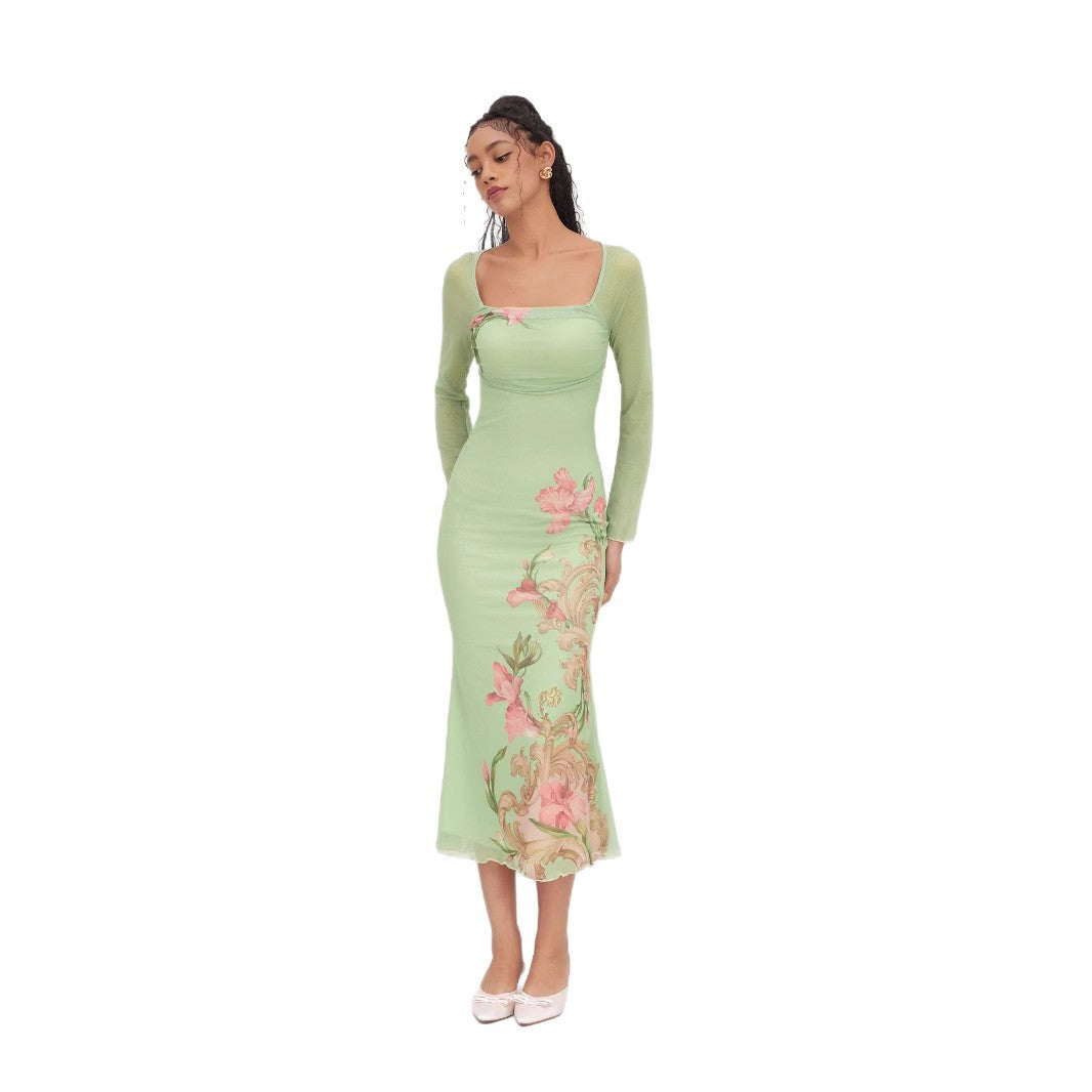 Damen elegantes Midikleid mit floralem Design und transparenten Longsleeves Echo Archiv