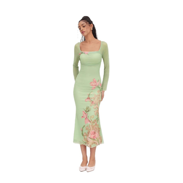 Damen elegantes Midikleid mit floralem Design und transparenten Longsleeves Echo Archiv