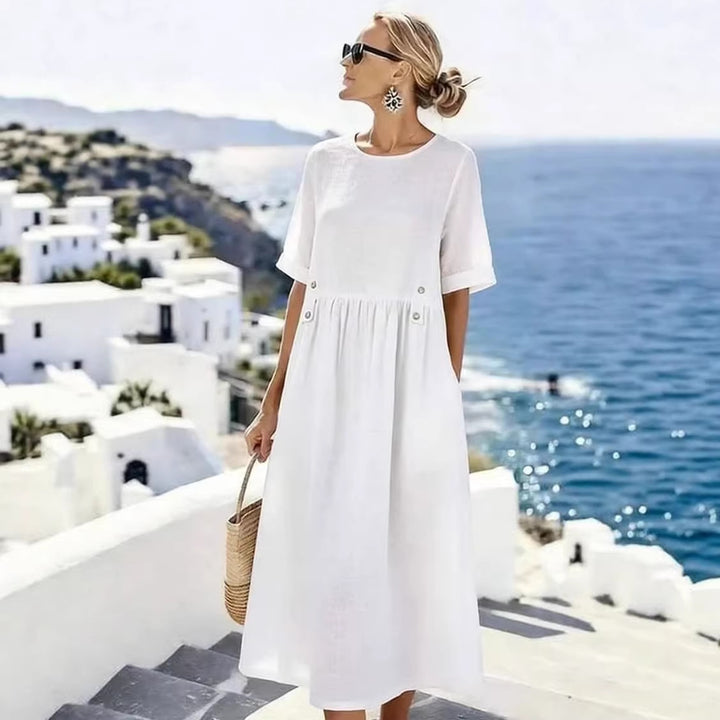 Damen Langes Leinenoptik-Sommerkleid mit geraffter Taillenpartie und Eingrifftaschen – Lunéa