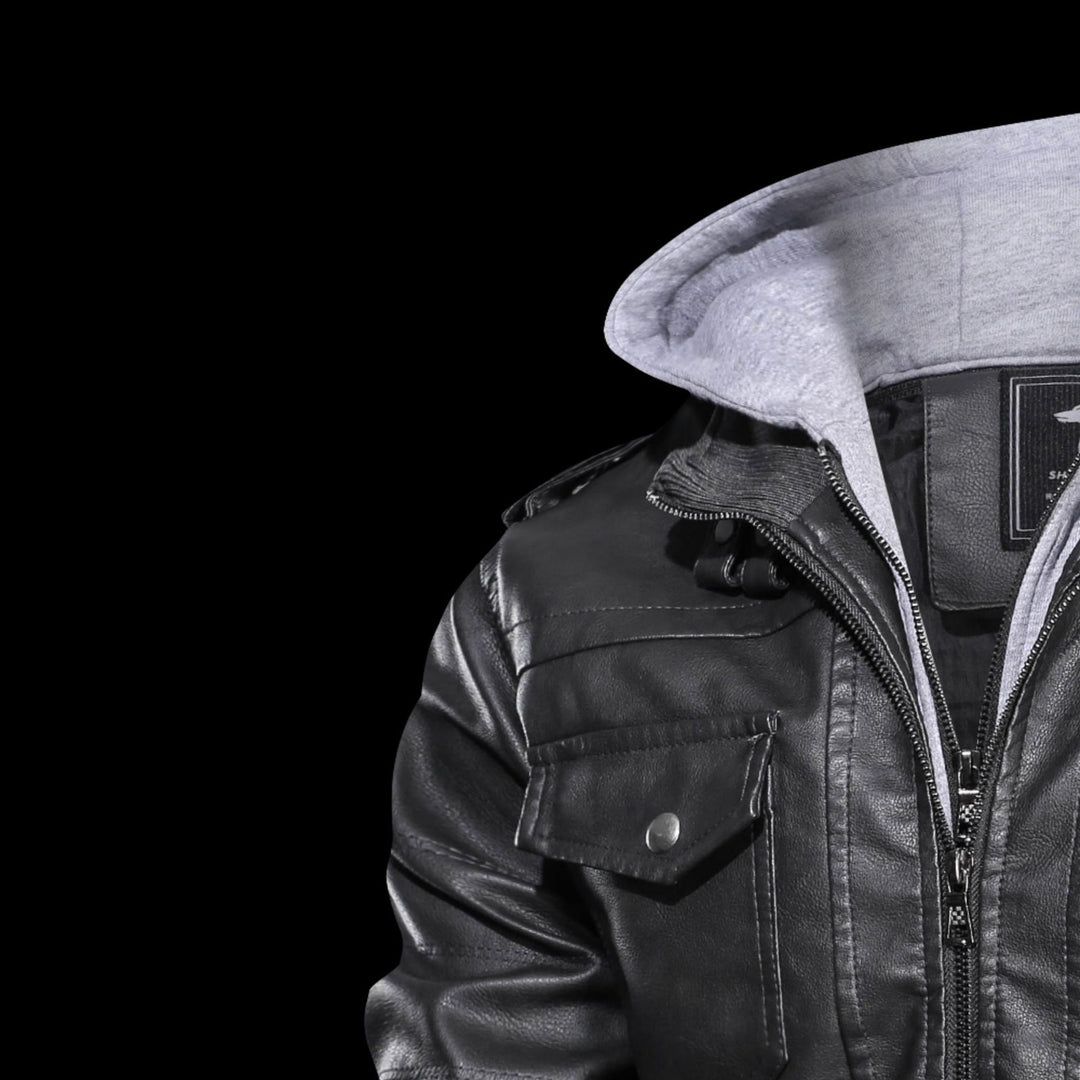 Herren Lederoptik-Utility-Jacke mit Kapuze, Reißverschlusstaschen und Rippbündchen – Taviero