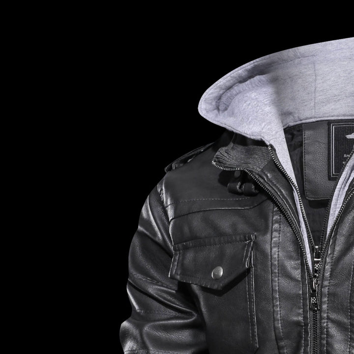 Herren Lederoptik-Utility-Jacke mit Kapuze, Reißverschlusstaschen und Rippbündchen – Taviero