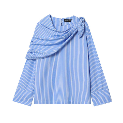 Damen schulterdetailierte Baumwollbluse mit Drapé-Schalkragen und breiten Manschetten – Élovi