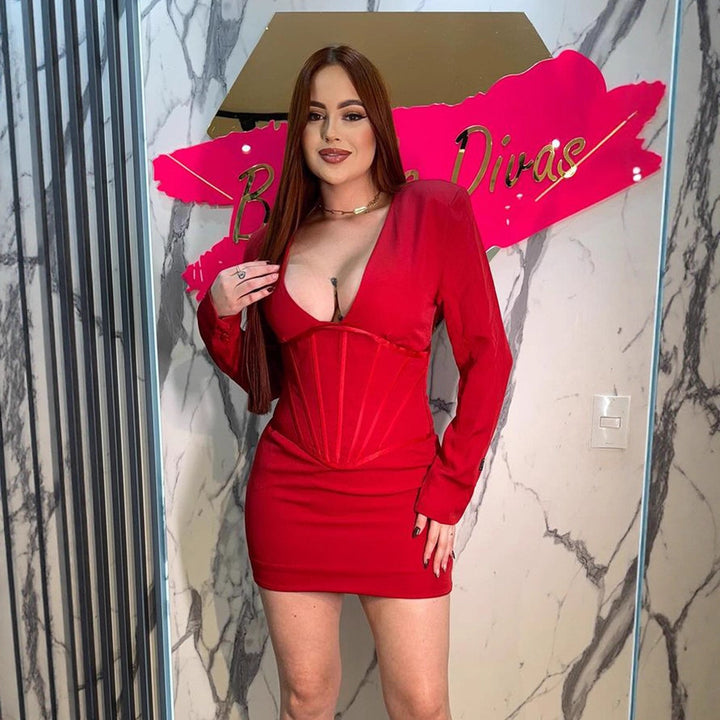 Damen Figurbetontes Minikleid mit integriertem Korsett und tiefem V‑Ausschnitt Echoarchiv