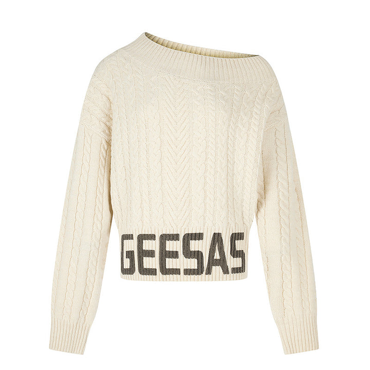 Damen Kurzer Zopfstrick-Pullover mit weitem Boat-Ausschnitt und markantem Logobund Echoarchiv
