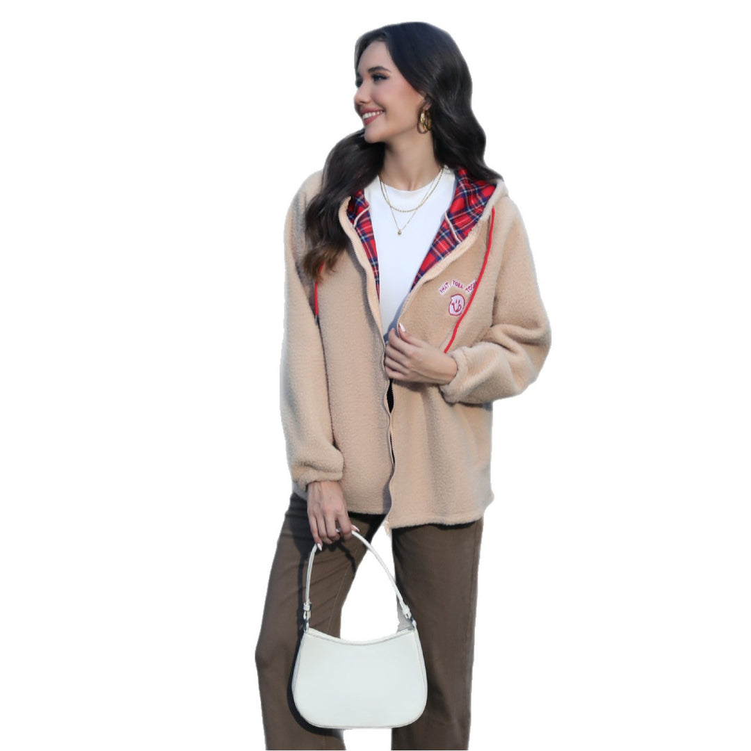 Damen Teddy-Fleece Kapuzenjacke mit Karo-Futter und Reißverschluss Echoarchiv
