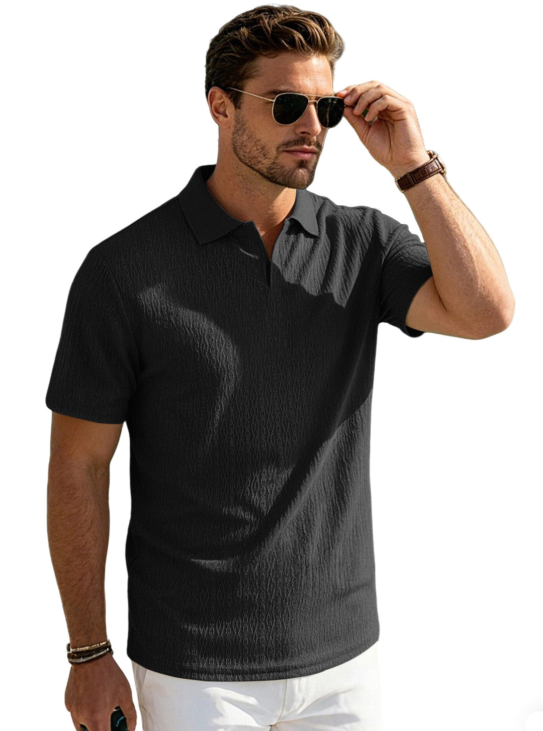 Herren nan elegantes Kurzarm-Polo aus strukturierter Micro-Jacquard-Baumwollmischung mit formstabilem Hemdkragen Echo Archiv