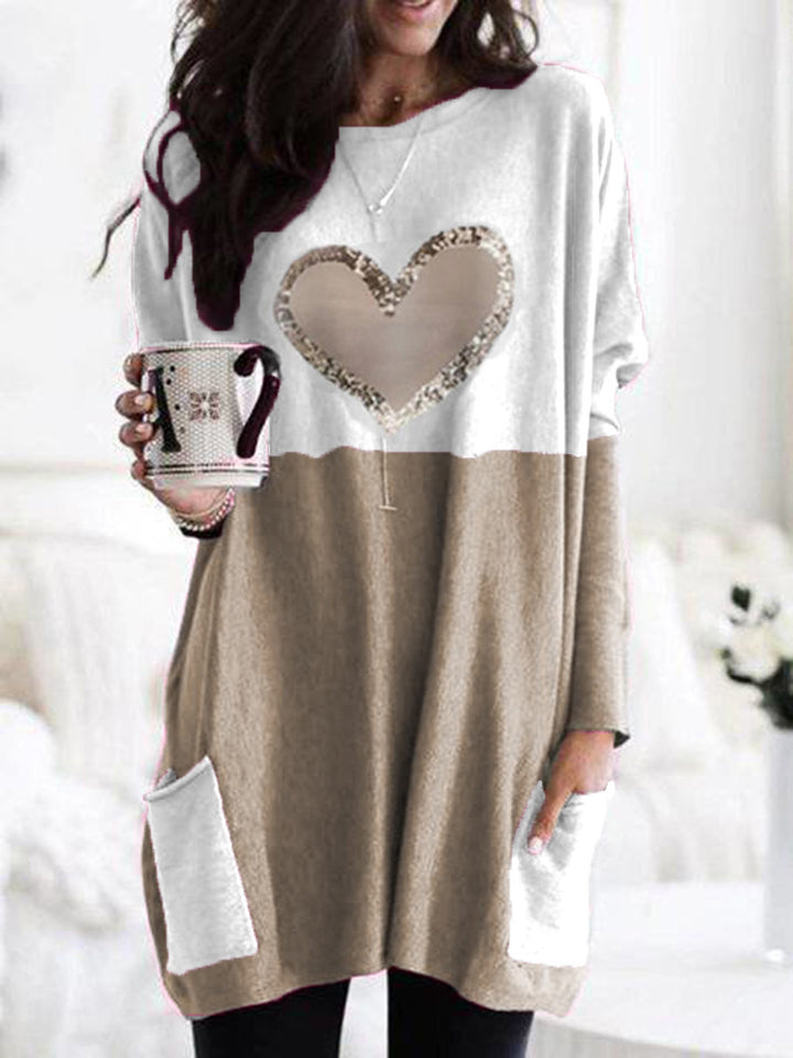 Damen Oversized Lange Pullover Tunika mit Pailletten-Herz und aufgesetzten Taschen Echoarchiv