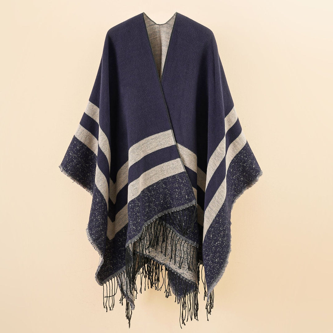 Damen Oversize-Ruana aus Wollmix mit kontrastierten Querstreifen und Fransensaum Echo Archiv