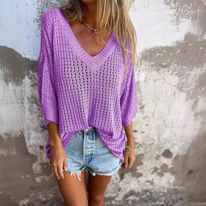 Damen nan luftig gestrickter V-Ausschnitt Pullover im Oversize-Schnitt Echo Archiv