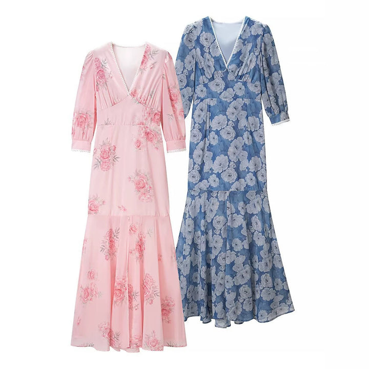 Damen Maxikleid mit V‑Ausschnitt, Empire‑Schnitt und floraler Chiffonoptik Echo Archiv