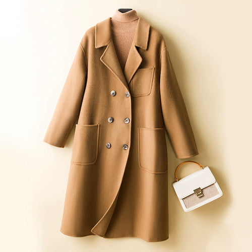 Damen Oversized Doppelreiher Wollmix‑Mantel mit aufgesetzten Taschen Echoarchiv