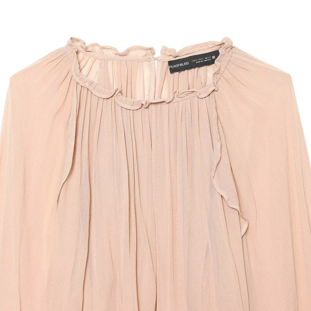 Damen Plissierte Chiffon-Bluse mit Rüschkragen und Ballonärmeln Echoarchiv