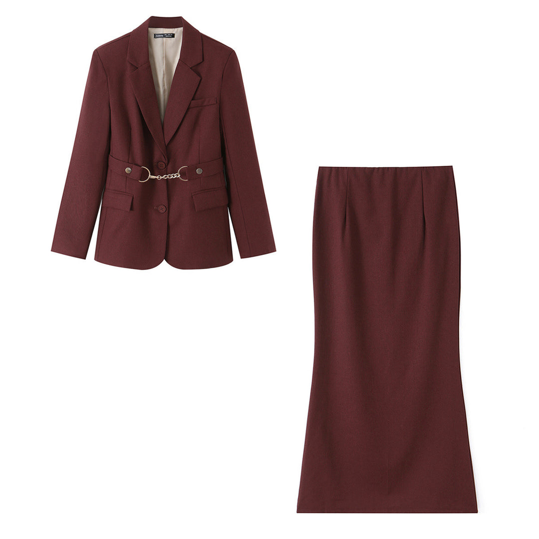 Damen Zweiteiliges tailliertes Blazer- und Langrock-Set mit dekorativem Kettengürtel Echo Archiv