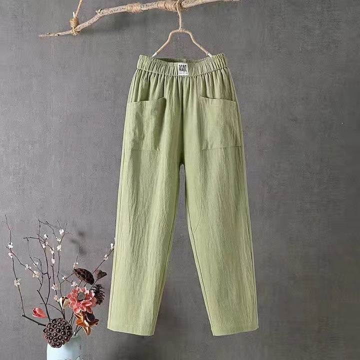 Damen nan lässige Leinenmix-Hose mit elastischem Bund, geradem Bein und großen aufgesetzten Taschen Echo Archiv