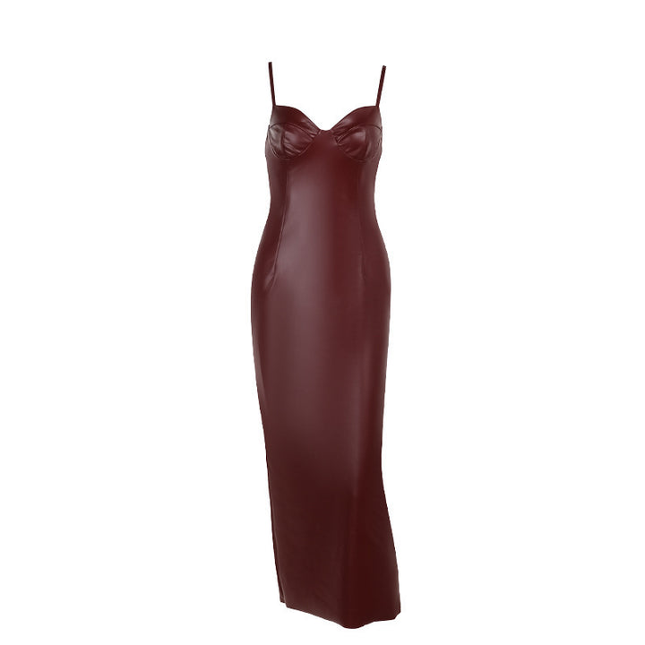 Damen Elegantes Kunstleder Maxikleid mit figurbetontem Schnitt und Spaghettiträgern Echo Archiv