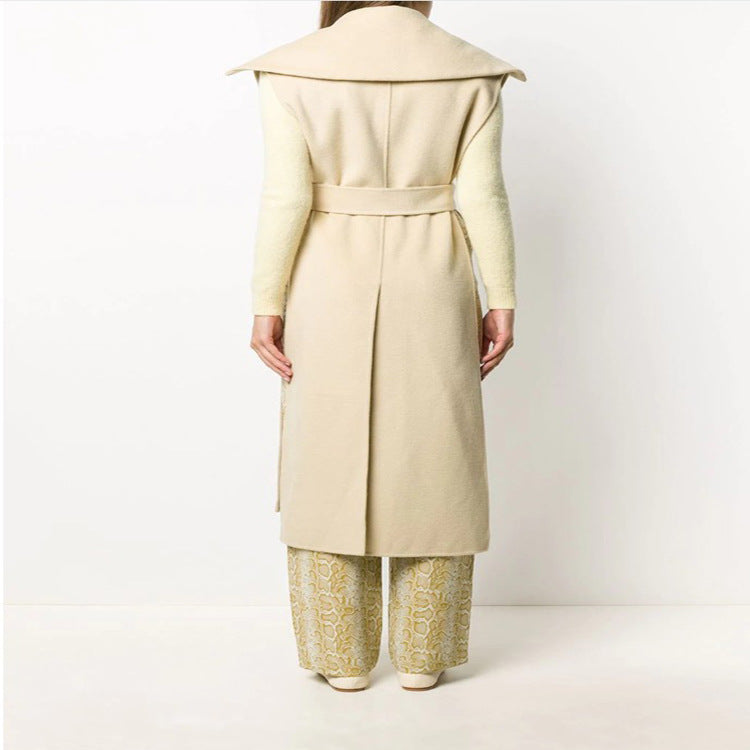 Damen Ärmelloses tailliertes Wollmix-Gilet mit breitem Schalkragen und Bindegürtel Echoarchiv
