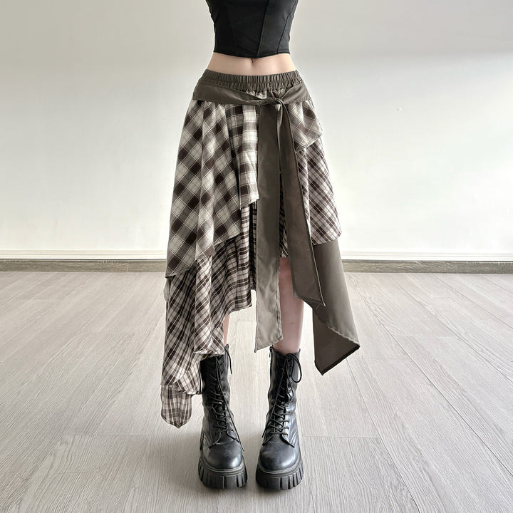 Damen asymmetrischer Wickelrock mit Karomuster und breitem Bindegürtel Echo Archiv