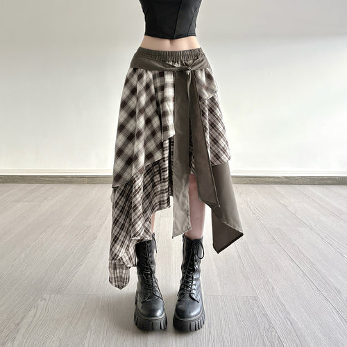 Damen asymmetrischer Wickelrock mit Karomuster und breitem Bindegürtel Echo Archiv
