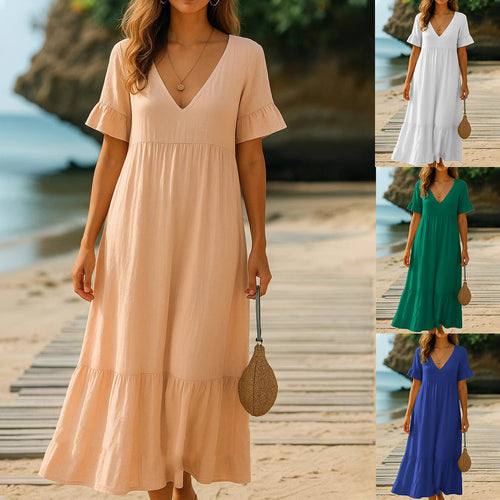 Damen fließendes Maxikleid mit V-Ausschnitt und Rüschendetails Echo Archiv