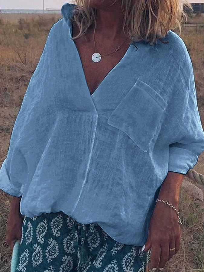 Damen Oversized Leinen-Look Bluse mit tiefem V-Ausschnitt, aufgesetzter Brusttasche und hochgerollten Dreiviertelärmel – Élovi