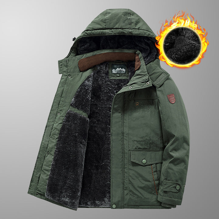 Herren wärmender gefütterter Kapuzenparka mit durchgehendem Teddyfleecefutter und Utility‑Taschen Echoarchiv