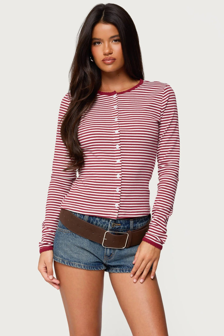 Damen Langarm Shirt mit Streifenmuster und Knopfleiste Echo Archiv