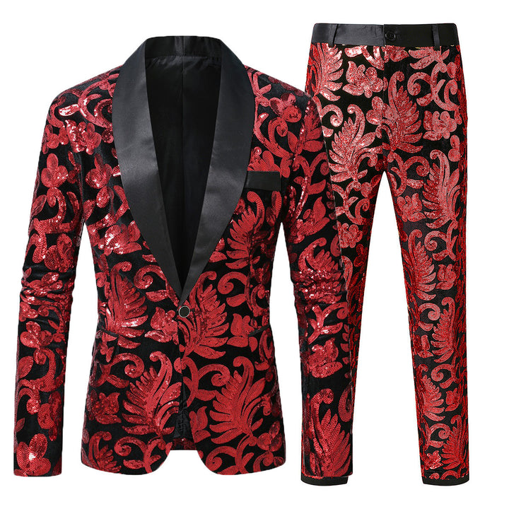 Herren glitzernder Smokinganzug mit floralen Paillettenmustern Echoarchiv