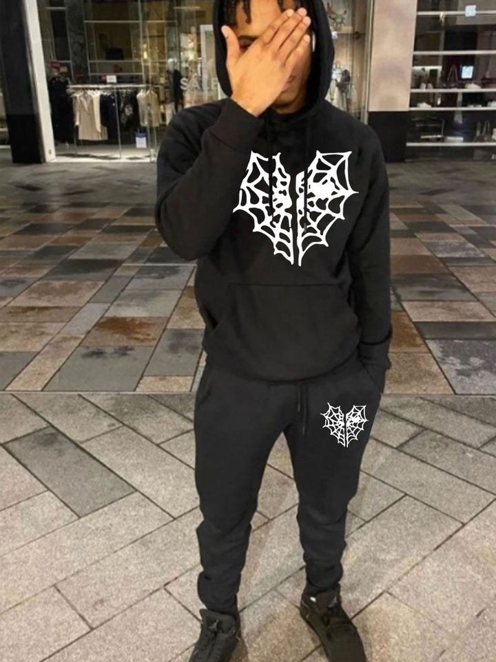 Herren Kapuzenpullover und Jogginghose Set mit einzigartigem Spinnennetz-Motiv Echoarchiv