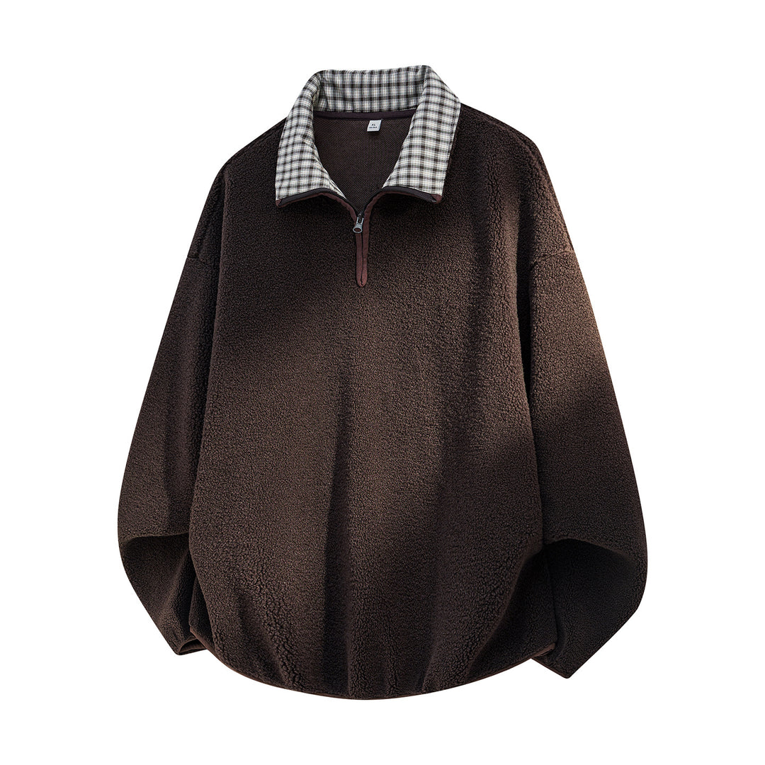 Herren Oversize Sherpa Fleece Pullover mit Halbzip und kariertem Kragen Echo Archiv