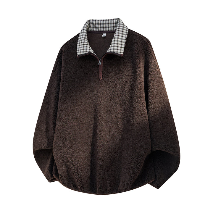 Herren Oversize Sherpa Fleece Pullover mit Halbzip und kariertem Kragen Echo Archiv