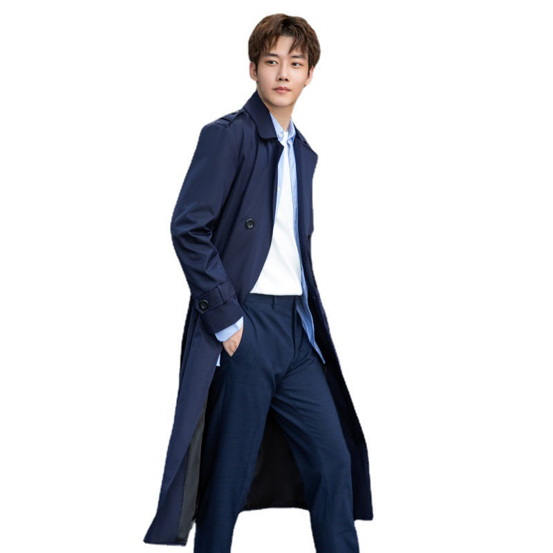 Herren langer doppelreihiger Trenchcoat mit Sturmklappe und D-Ring-Details Echoarchiv