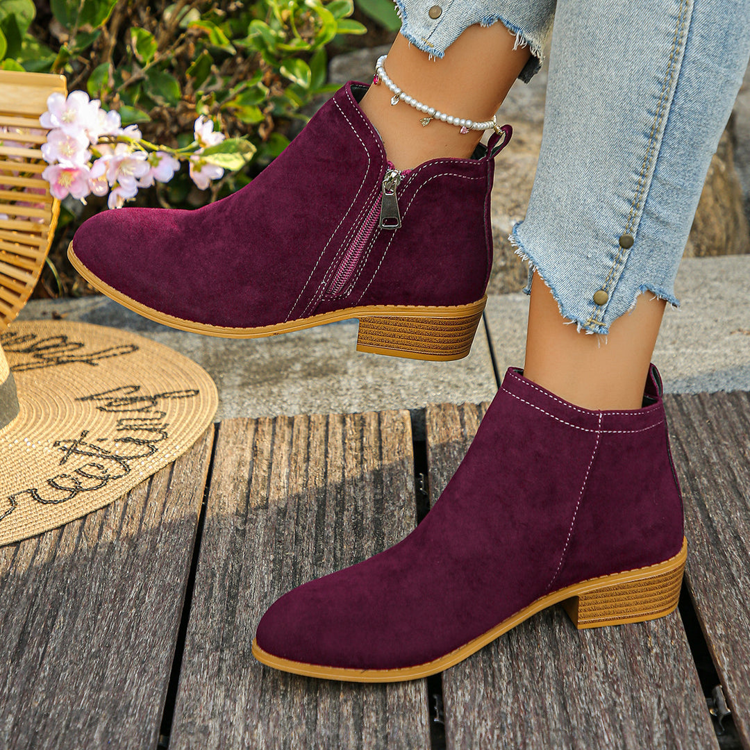 Damen elegante Ankle-Boots aus Velourslederimitat mit seitlichem Reißverschluss und niedrigem Blockabsatz Echo Archiv