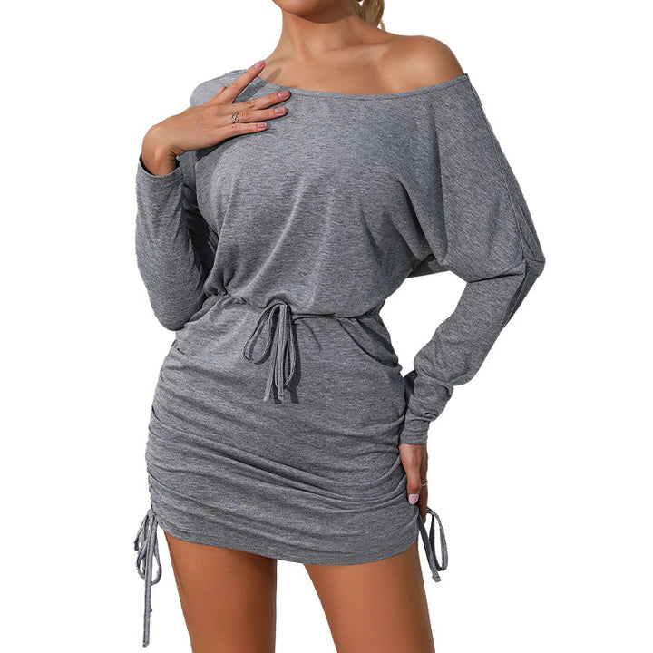 Damen Schulterfreies Feinstrick-Minikleid mit Kordeltaillierung und gerafften Seitenschnüren Echoarchiv